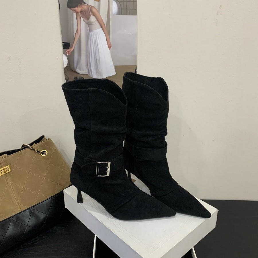 Two Wear 2025 Autumn and Winter New Pointed Thin Heel High Heel Boots Western Cowboy Boots Suede Metal Buckle Short Boots Medium Boots