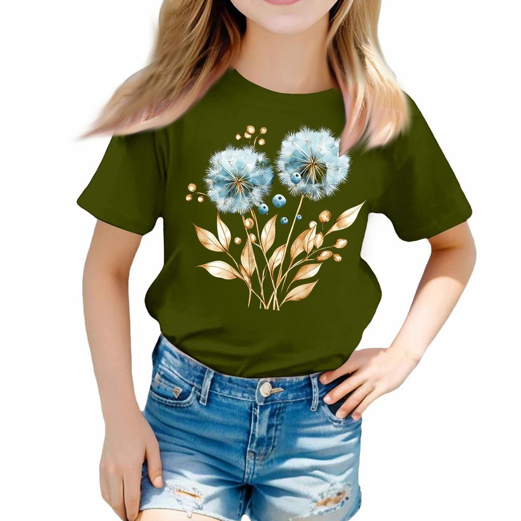 Girls Round Neck Casual Printed Short-sleeved T-shirt Top