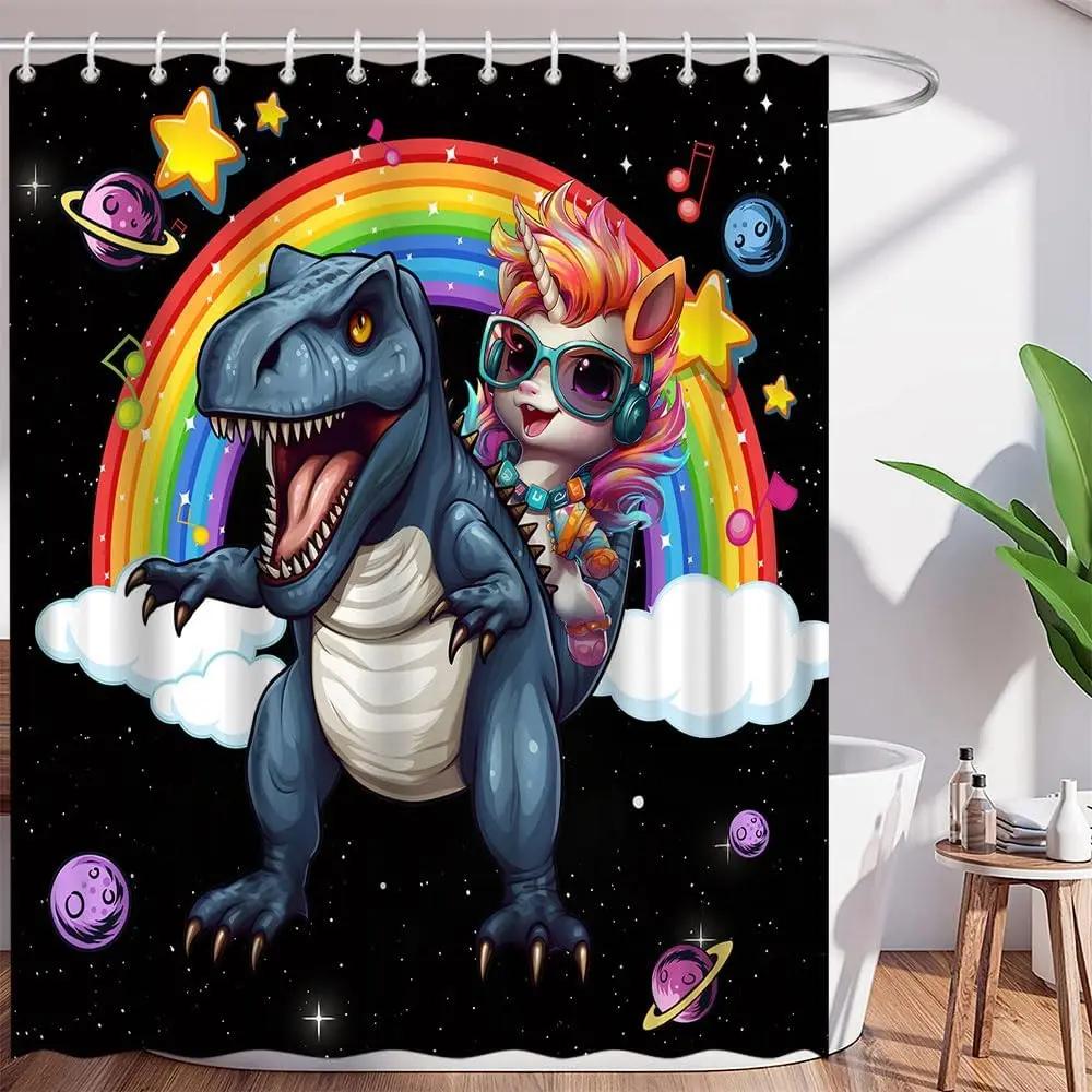 Funny Unicorn Dinosaur Kids Shower Curtain Cute Cartoon Animals Rainbow Galaxy Space Planet Cool Boys Girls Bathroom Decorative