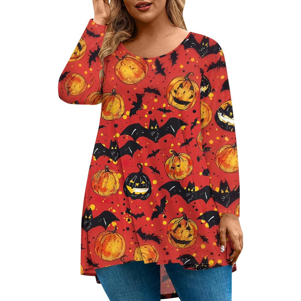 Women's Fashion Large Size Round Neck Long Sleeve Casual Halloween Print Loose Pullover Top