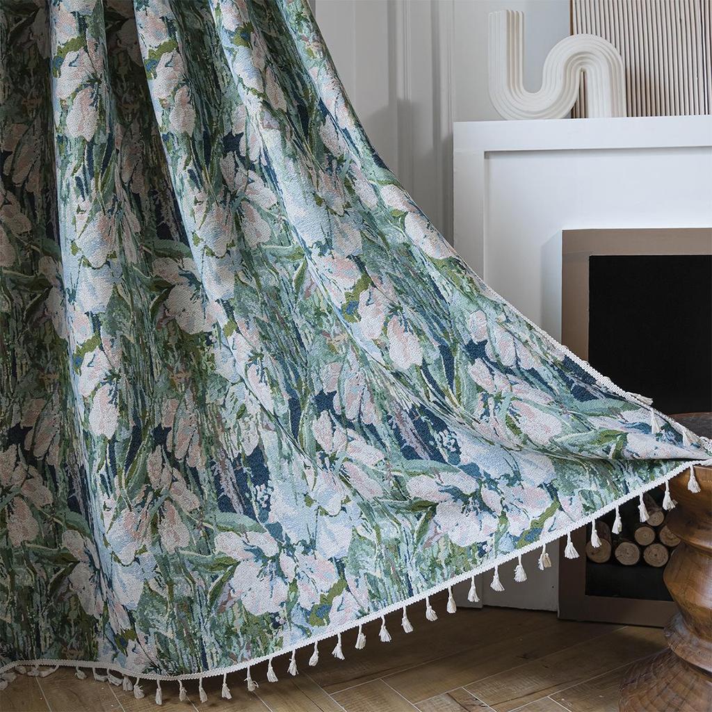 Imanqi Yun Blue Butterfly Jacquard Tassel Semi-Blackout Curtains for Kitchen or Bay Window