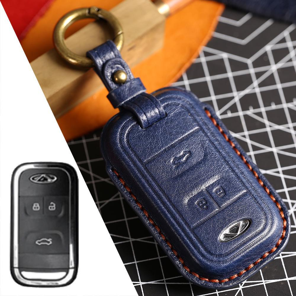 

Чехол из натуральной коровьей кожи для пульта дистанционного управления автомобиля Tiggo 8 синий