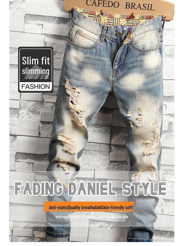 2025 Retro Washed Denim Jeans - Men's American High Street Style, PUNK Slim Fit, Straight Leg, Long Pants