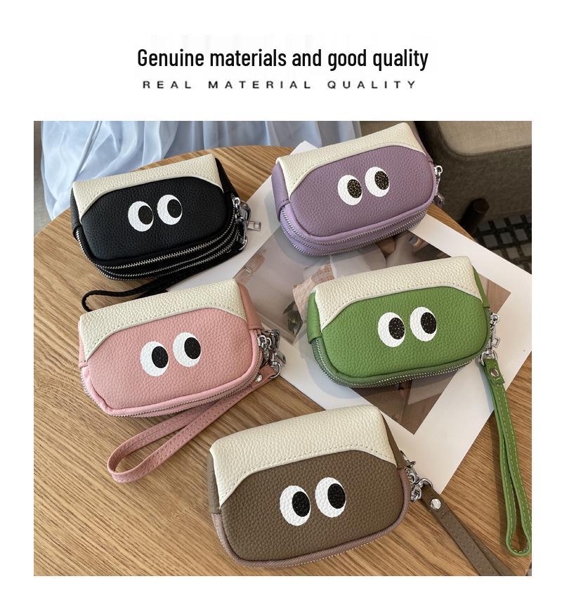 2025 Women's Cute Cartoon Leather Coin Purse: Cowhide Wristlet with Triple Zipper Key Storage
