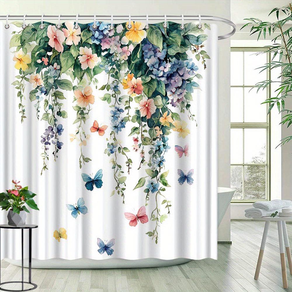 1pc Watercolor Style Butterfly and Floral Shower Curtain with Vivid Natural Plant Print, Polyester Fabric Including 12 Hooks