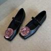 2026 New Spring Genuine Leather French Retro Flower Mary Jane Shoes Super Cute Flat Black Women's Shoes