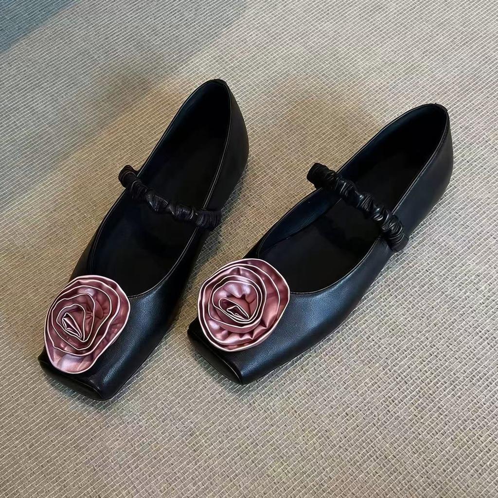 2026 New Spring Genuine Leather French Retro Flower Mary Jane Shoes Super Cute Flat Black Women's Shoes
