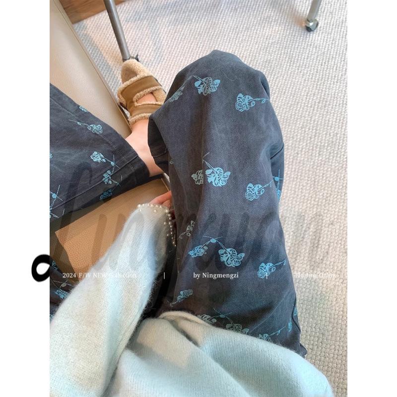 Women s 2026 Retro Rose Print High Waist Straight Leg Jeans Large