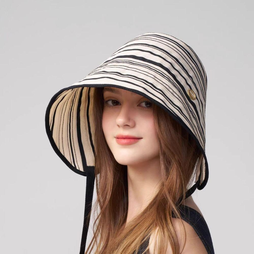 Wide Brim Women Striped Fisherman Hat Solid Color Bucket Hat Casual Sunscreen Visor Cap Camping