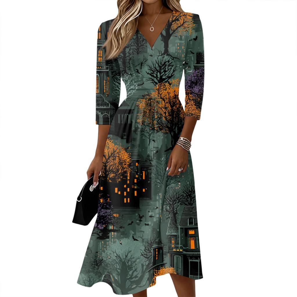 Rochie Casual de Damă cu Decolteu în V Mânecă 3/4 Lungime Midi Închidere cu Fermoar la Spate Croială Evazată Fabric Ușor