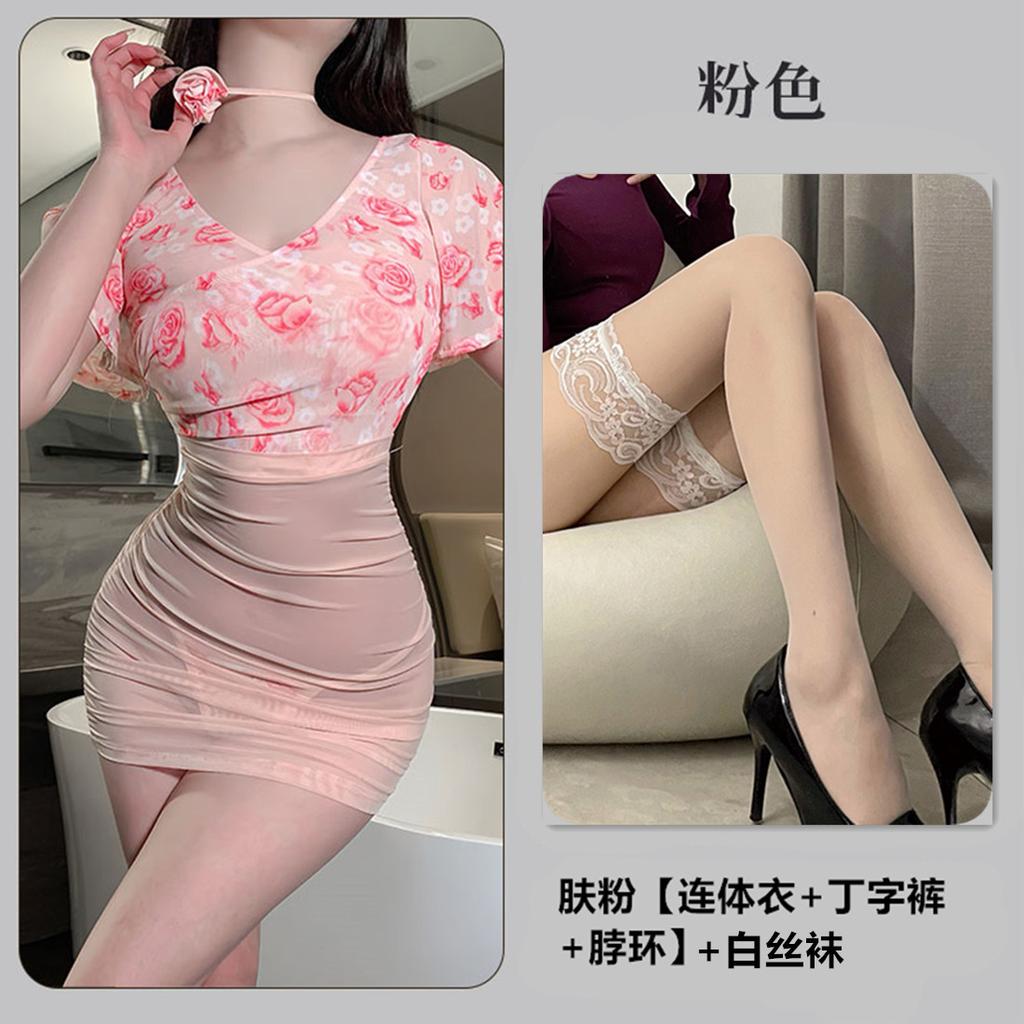 Sexy lingerie sexy perspective deep V floral rose gauze high waist hip skirt uniform 9