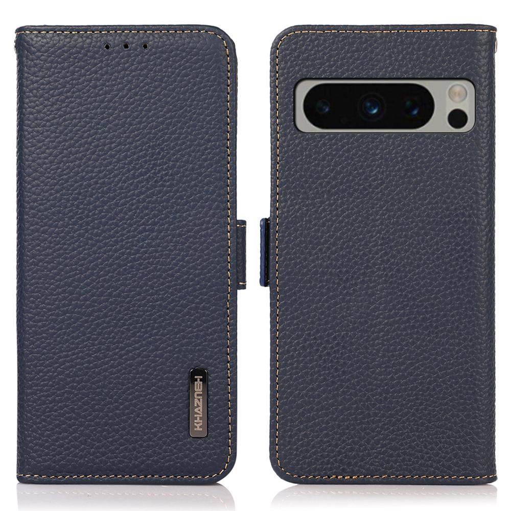

KHAZNEH For Google Pixel 8 Pro RFID Blocking Phone Case Wallet Stand Genuine Cow Leather Cover Blue
