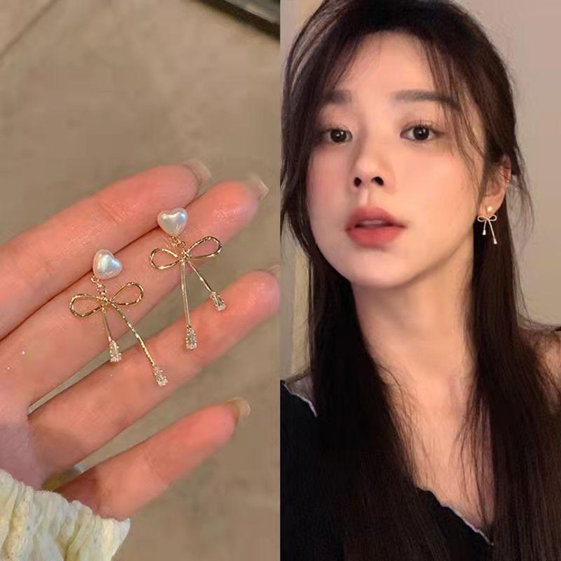 Pendientes de botón de esmalte coreano minimalistas retro en forma de corazón con perlas