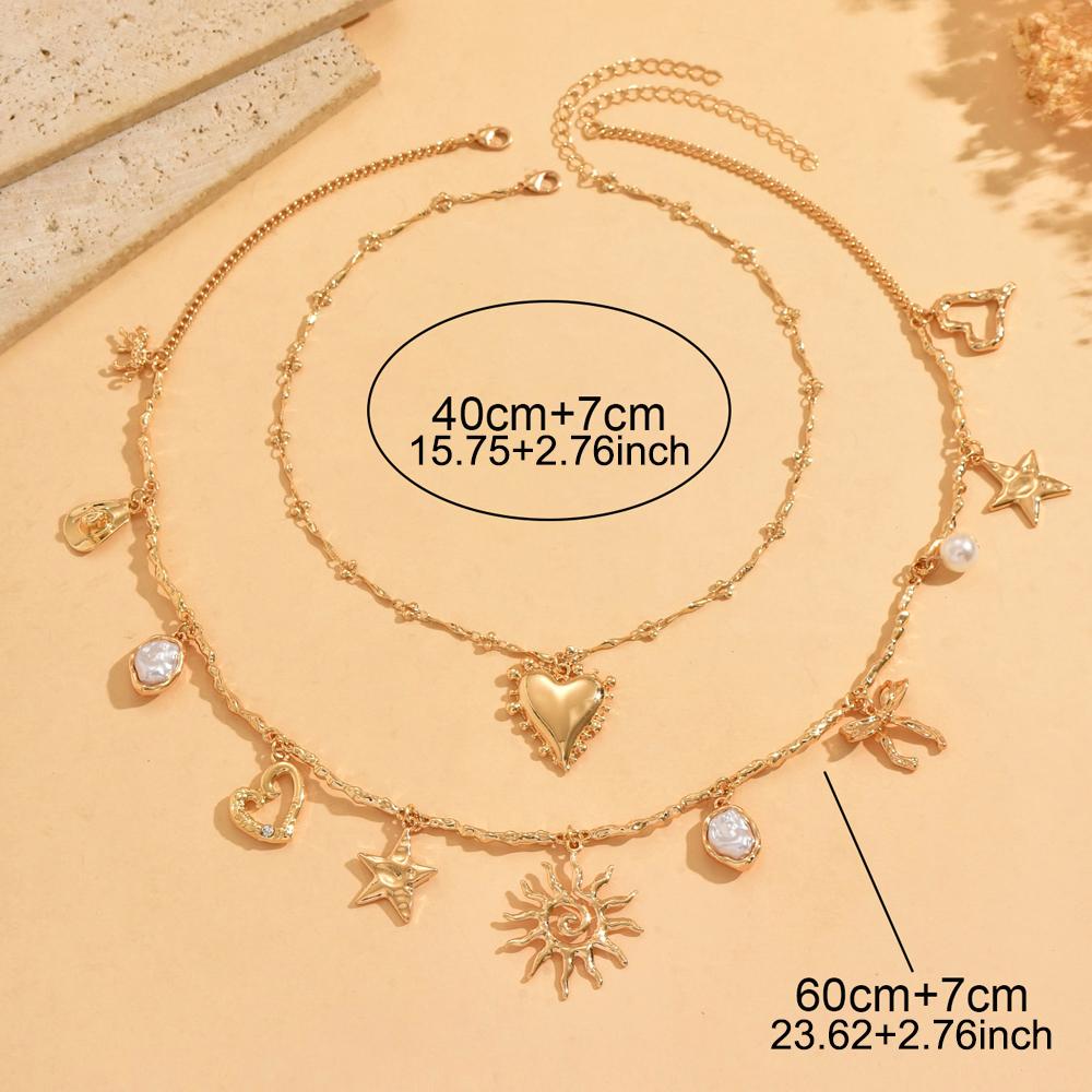 2PCS Layered Charm Necklace Gold Tone Sun Heart Star Bow Imitate Baroque Pearl Boho Western Summer Beach Vacation Jewelry