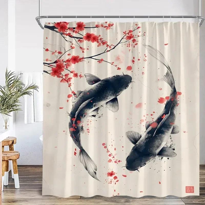 Ink Painting Shower Curtain Chinese Asian Style Cherry Blossom Japanese Woman Classical Bathroom Decor Polyester Bath Curtain
