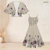 Women Plus Size White Printed Two Piece Set Batwing Sleeve Cropped Shrug Strappy Flared Dress