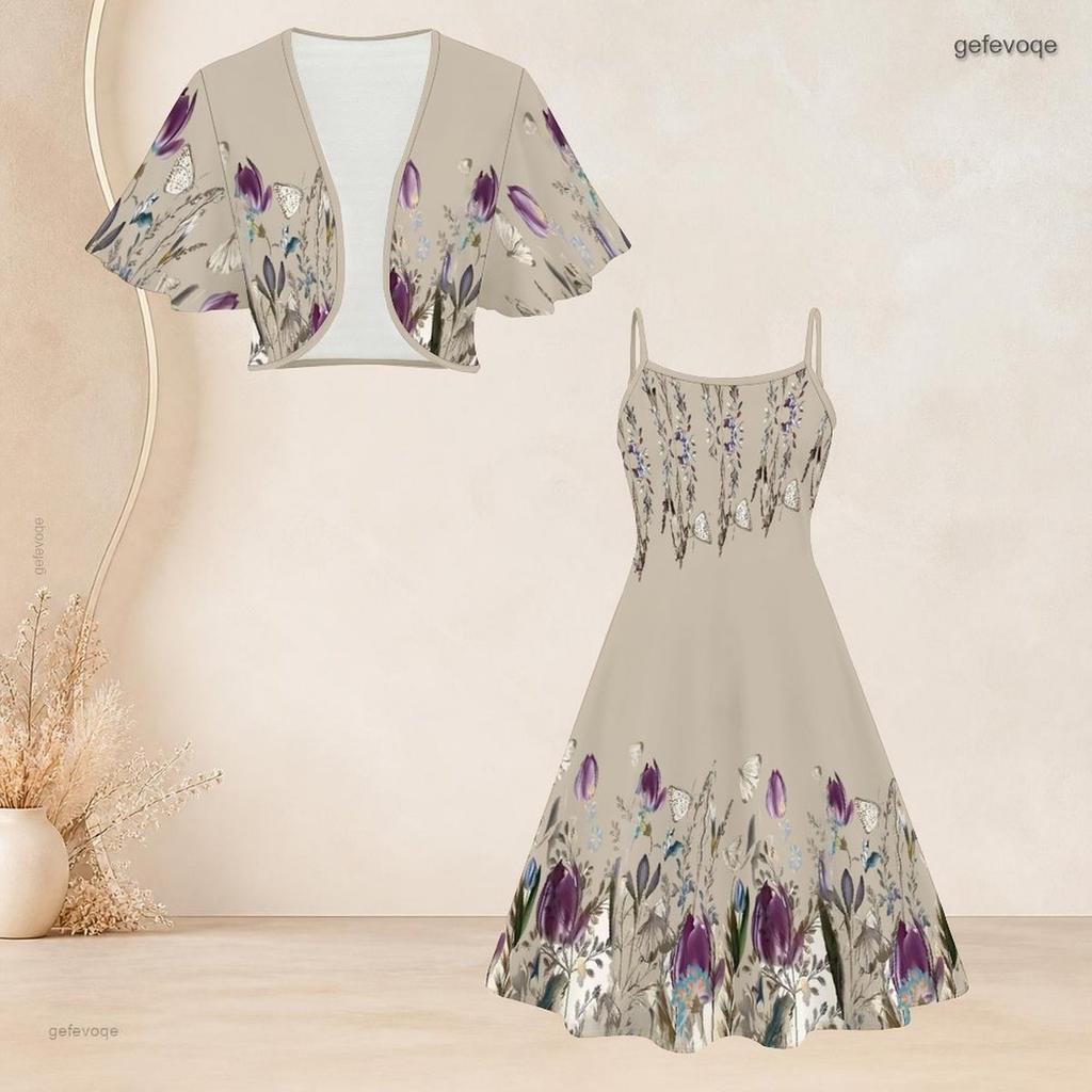 Women Plus Size White Printed Two Piece Set Batwing Sleeve Cropped Shrug Strappy Flared Dress
