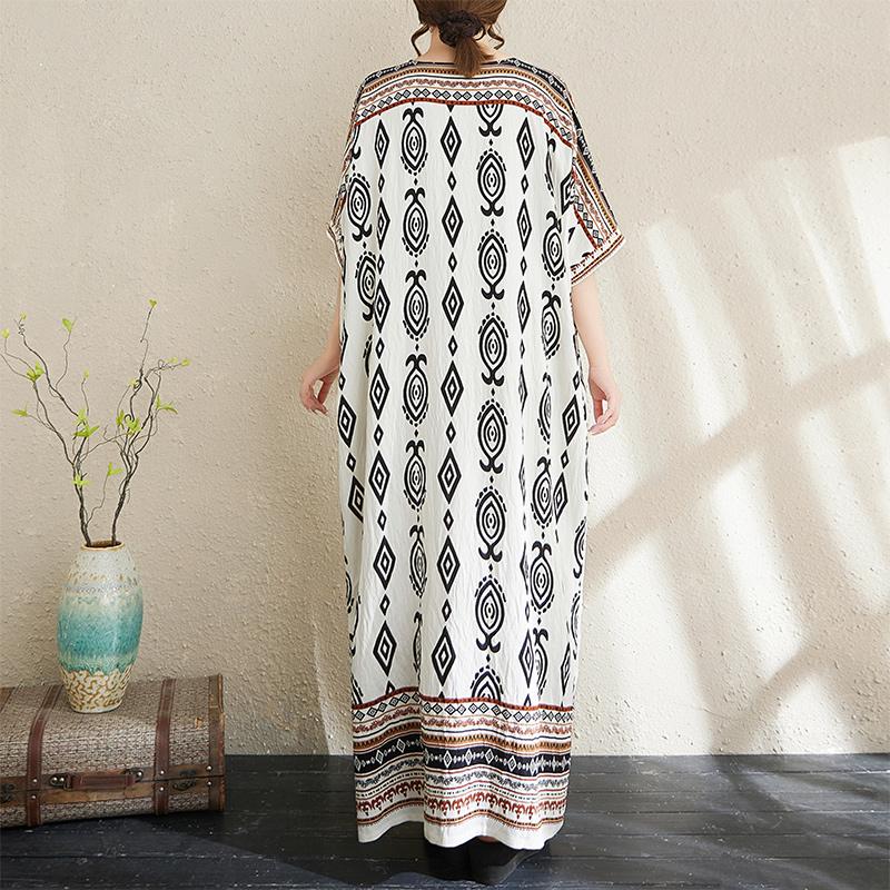 DIMANAF Summer Women New 2025 Basic Plus Size V-Neck Dress Casual Linen Printing Short Sleeve Dress Loose Dress