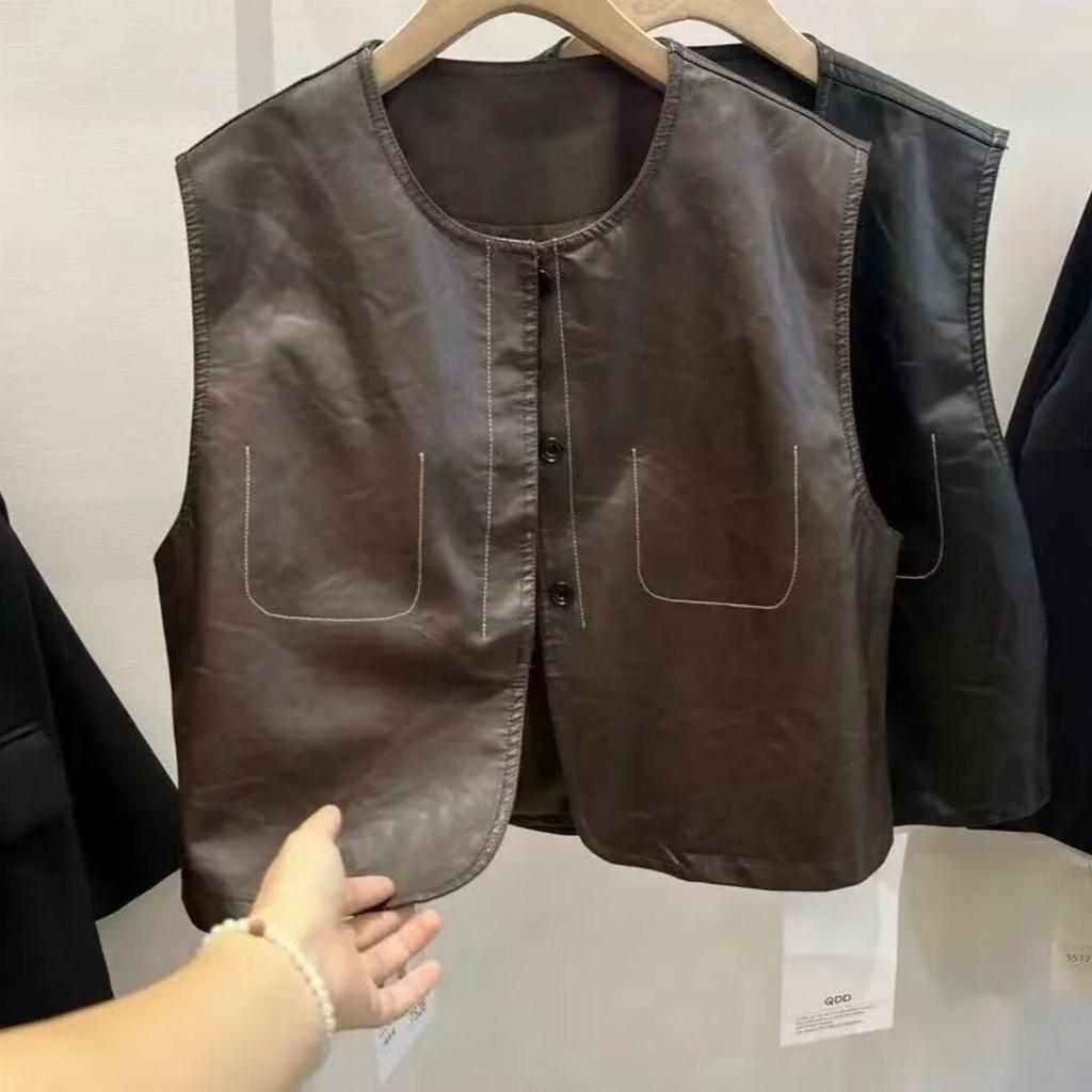 European Chic PU Leather Round Neck Single-Breasted Vest - Women's Spring/Fall Sleeveless Jacket