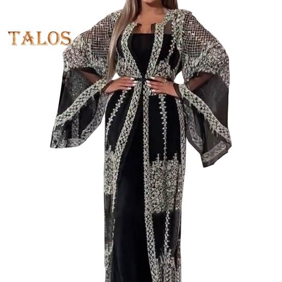 2 Pcs/Set Women Evening Dress Big Swing Shiny Bronzed Cardigan Slip Dress Set See-through Mesh Long Sleeve Coat Cocktail Events Special Occasions