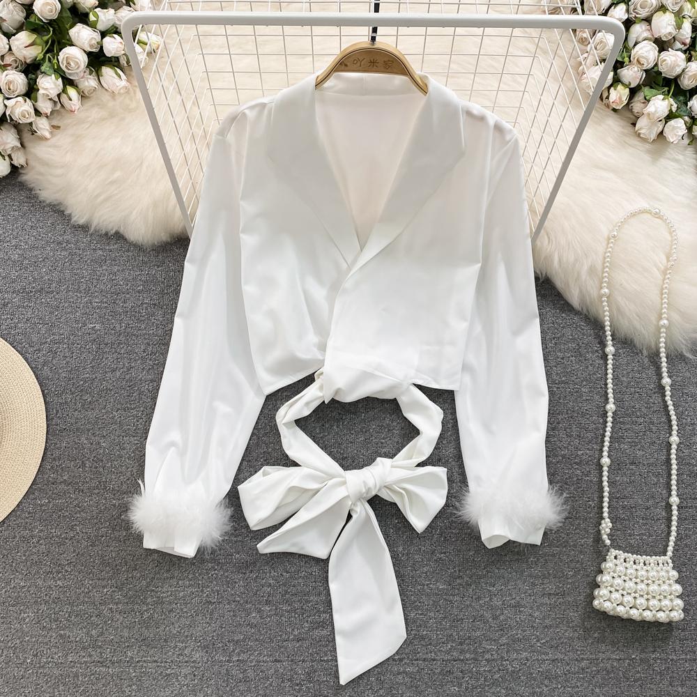 

Весенняя корейская версия галстука-бабочки, свободные топы с длинными рукавами и высокой талией, короткие топы