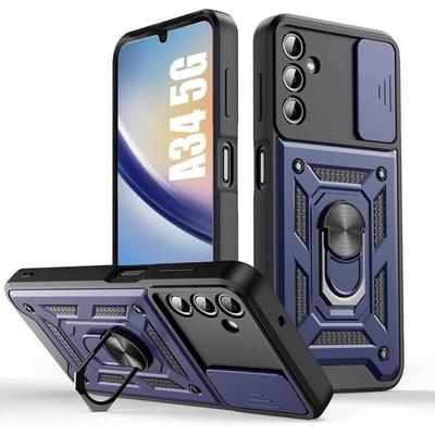 Case for Samsung Galaxy A34 5G Navy Blue Shockproof Hard Bumper with Back Stand and Camera Protection