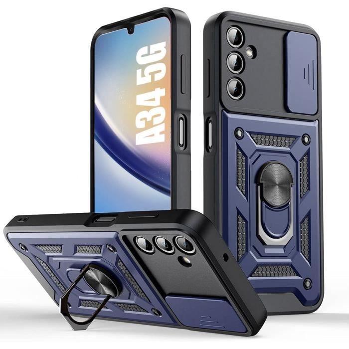 Coque pour samsung galaxy a34 5g bleu marine bumper rigide antichoc avec support arrière et protection caméra