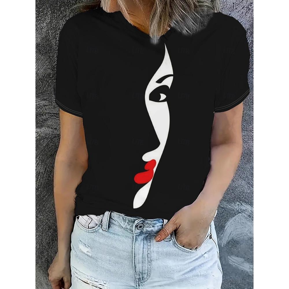 Fashionable Women's Abstract Patterns 3D Printed Women's Facial Features Casual Short Sleeved Round Neck T-shirt Regular Top