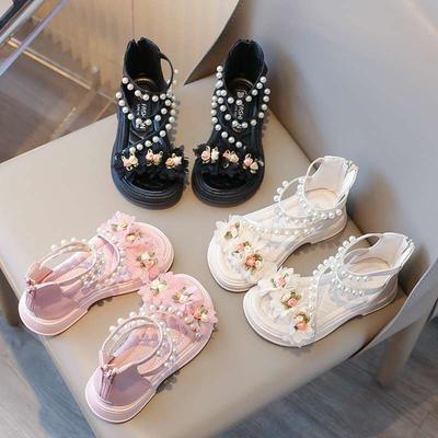 2025 New Summer Roman Pearl Princess Shoes Children's Flower Sandals Girls Sandals Fashion Versatile Shoes