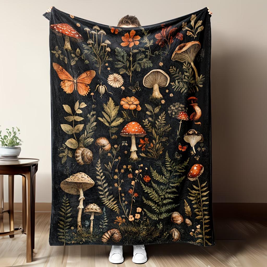 1pc Bohemian Mushroom Flannel Blanket Suitable for Home Sofa Bed Travel Camping Soundwave Technology Mushroom Print Bedspread