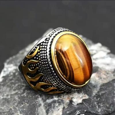 2024 New Ring European and American Style Flame Dominant Tiger Eye Stone Men's and Women's Ring Retro Men's Ring