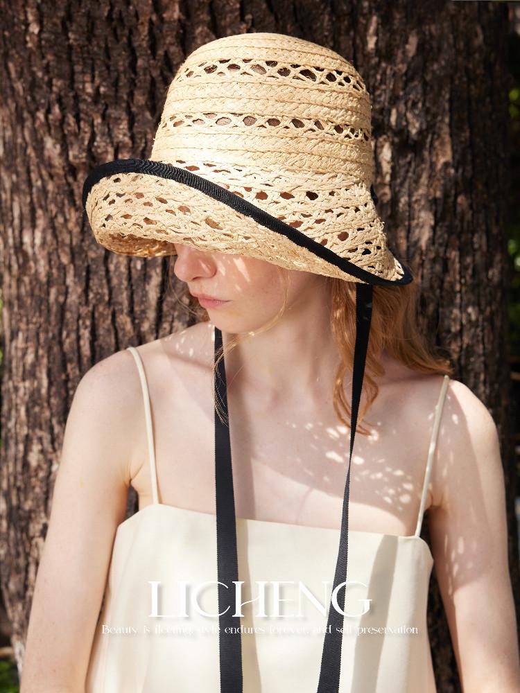 INS Mode atmungsaktiver hohl gewebter Raffia-Sonnenhut für Damen Sommer Rollrand Band Strandstrohhut
