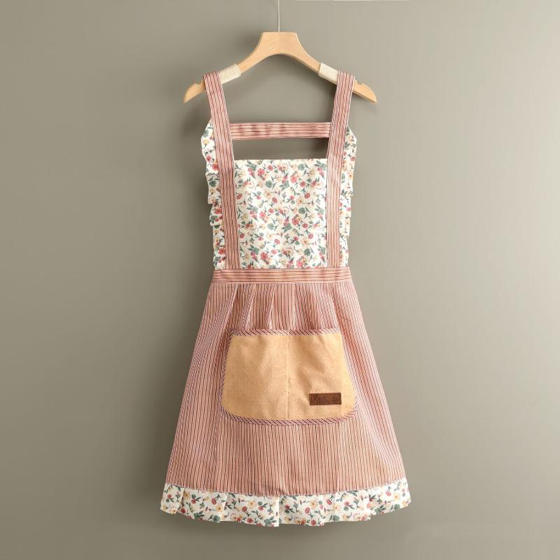 Cotton Canvas Floral For Women'S Kitchen Oilproof Apron With Pockets And Adjustable Waist Belt Waterproof Sleeveless Bib Apron