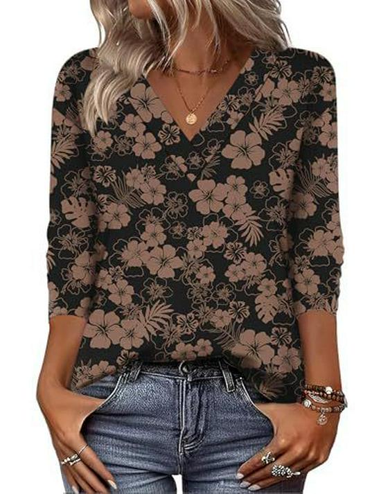 European & American Women s Autumn 2025 Loose Casual V-neck 3/4 Sleeve Printed T-shirt Top Small