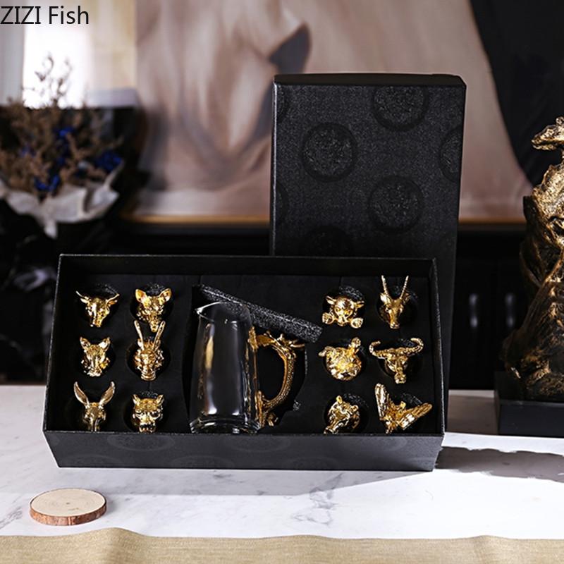 Twelve Zodiac Liquor Wine Glass Set Household Small Wine Glasses Hip Flasks Chinese Imitation European Drinkware Exquisite Gift