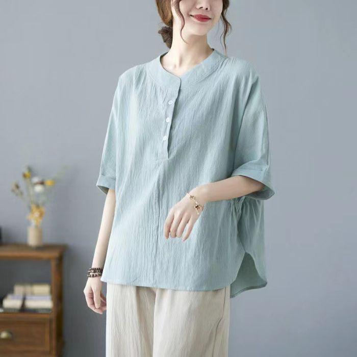 Chic 2025 Summer Linen Top & Shorts Set for Middle-Aged Women - Plus Size, Solid Color, Casual Short Sleeve