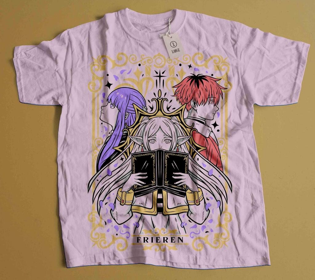 Übergroßes Frieren Grafik T-Shirt Frieren Fern Stark Trio Goldener Rahmen Anime Print Schwarzes Kurzarm-T-Shirt Unisex Japanisch