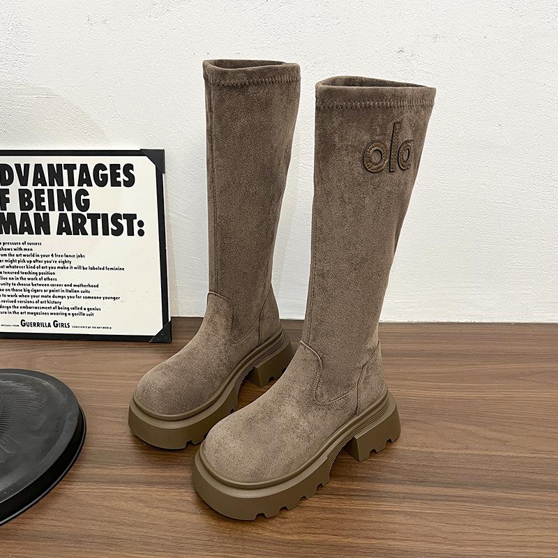 2025 Suede Sleeve Thick Bottom Thick Heel Elastic Legs Thin Brown Tall Martin Boots Women's Spring and Autumn Boots Retro Style