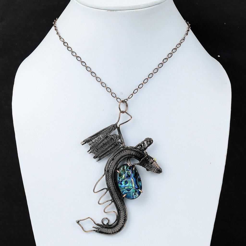 Abalone Shell Pendant Copper Wire Wrapped Pendant Handmade Wire Wrap Jewelry Dragon Gemstone Pendant Very Pretty Copper Jewelry Gift For Mom