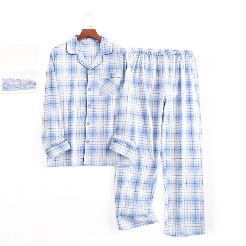Rutet design Flerfarget Varm bomullsflanell Langermet Bukser Pyjamas for menn Høst og Vinter Hjemmeklær Nattøy Sett