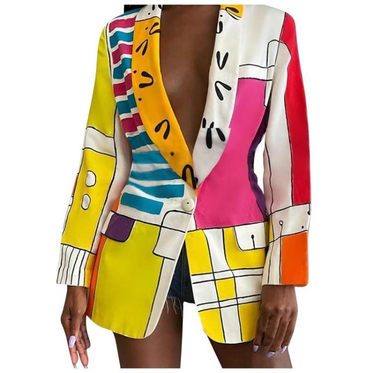 Long Sleeve Open Front Coat Women Fashion Color Print Suit Jacket
