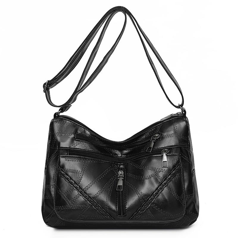 

Женская многосекционная сумка из мягкой кожи, сумка для мам среднего возраста, большая вместимость, сумка через плечо с шитьем чёрный