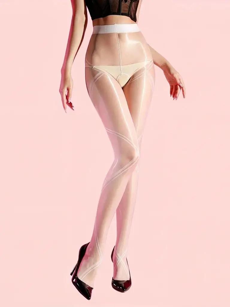 Sexy Women Stripe Thin Elastic Oil Glossy Shiny Stockings Sheer See Through Sexy Tights Open Crotch Maid Shaping Pantyhose