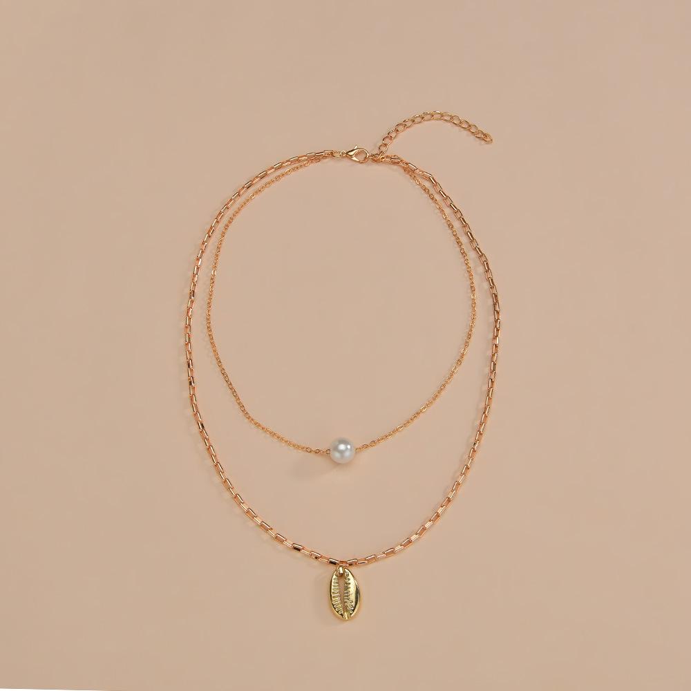 Simple, pearl necklace, metal shell, double-layer women's necklace, stacked with wind alloy necklace