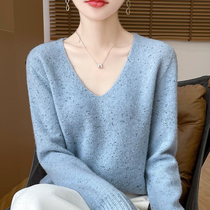 Women's 100% Wool V-Neck Slim Fit Sweater - Thick Knit Pullover for Autumn/Winter
