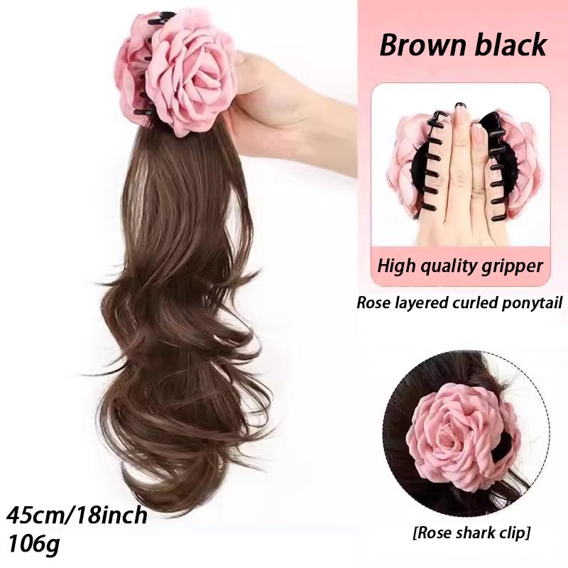 Paruka s culíkem a růžovým úchopem ve tvaru růže a stočenou stranou. Culík je přirozeně roztomilý a neviditelný cop.