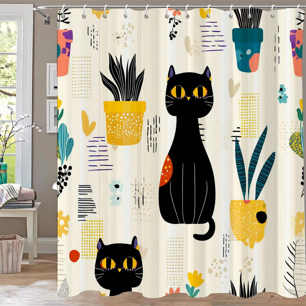 Modern Plant and Cartoon Cute Cat Shower Curtain, Bathroom Decorative Shower Curtain, Printed Polyester Home Curtain with Hooks
