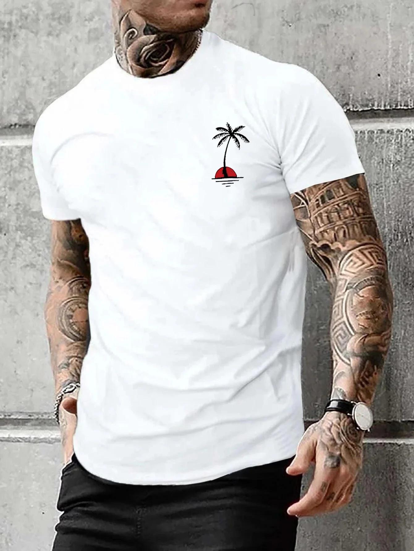 

Men s Summer Casual Loose Size Cotton Coconut trees Print Round Neck Short Sleeve T-shirt Top 4XL