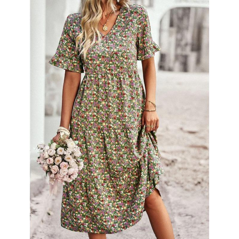 Sommerkleid für Damen, V-Ausschnitt, elegant, bedruckt, kurzärmelig, hohe Taille, A-Linie, Blumenmuster, Urlaubskleid
