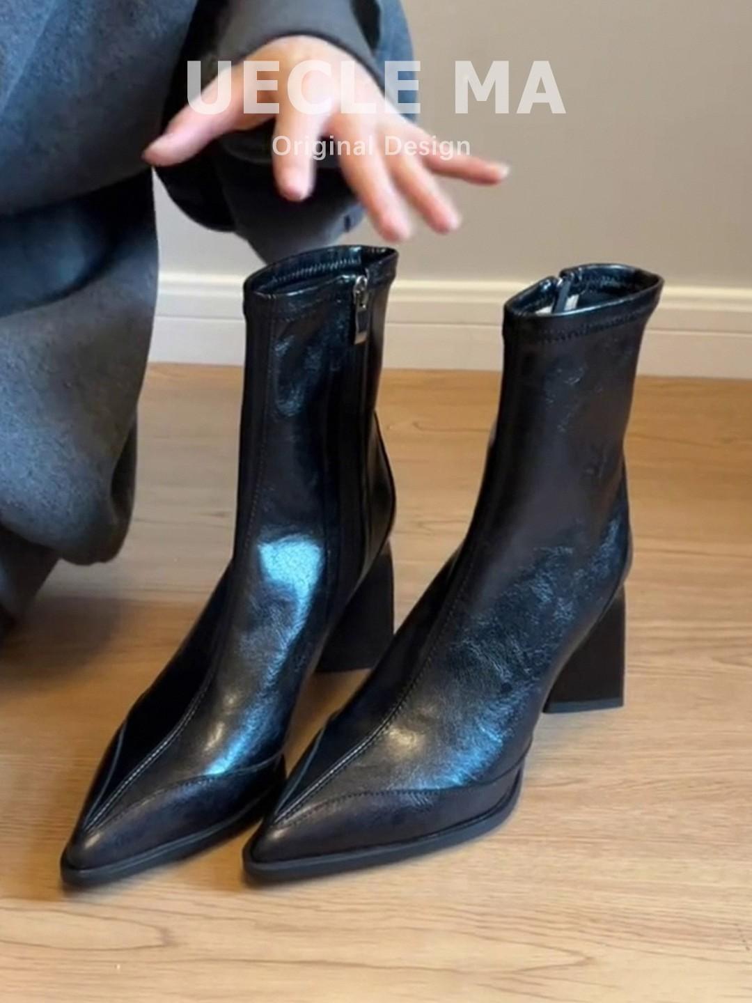 

Super soft lambskin~ pointed French thin boots 2025 autumn and winter new high-heeled Martin boots temperament short boots women 34